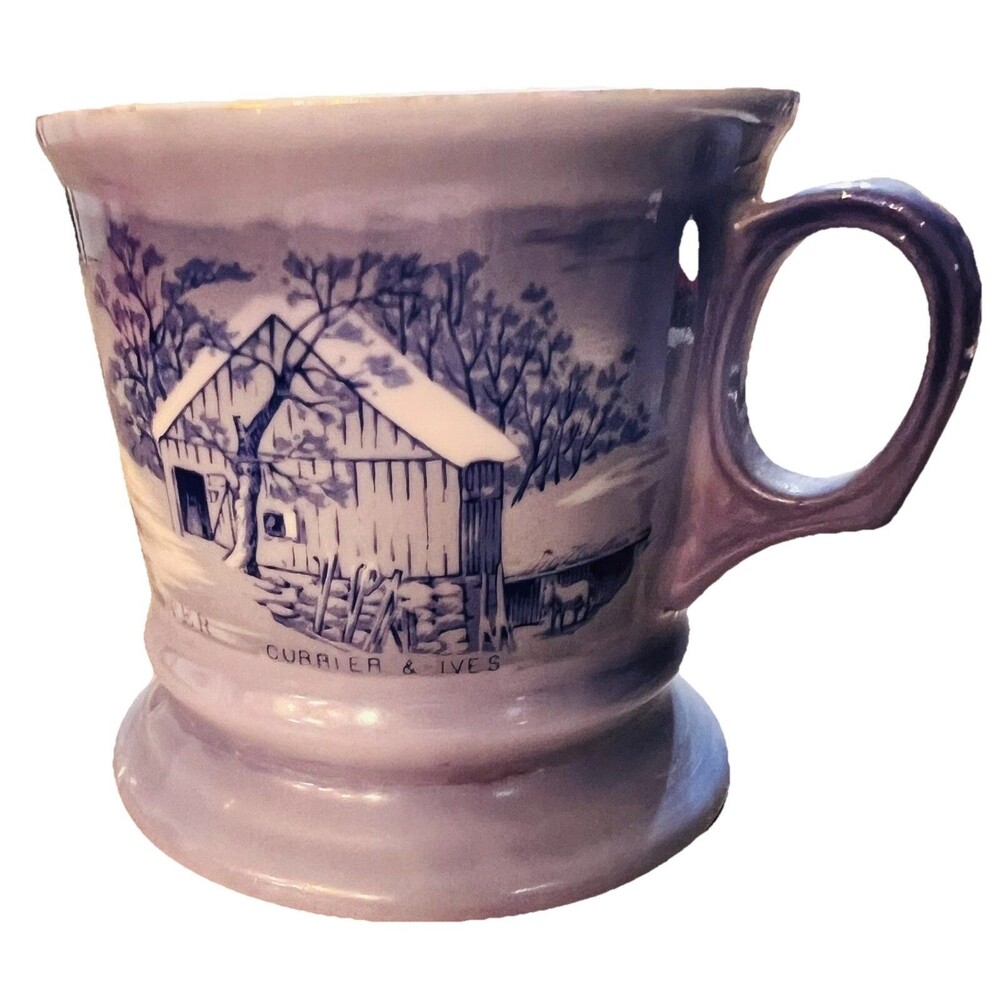 Vintage Currier & Ives Blue White Shaving Mug Transferware Farmhouse Decor - Picture 2 of 8